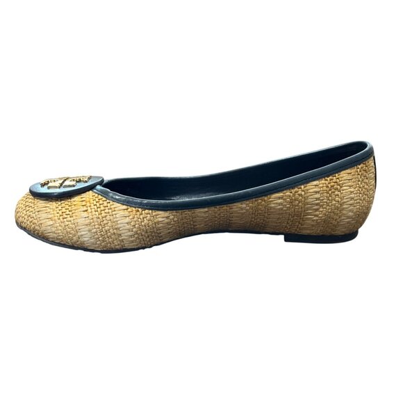 Tory Burch Reva Navy & Raffia Straw Woven Flats Logo Womens Size 7.5 - Picture 5 of 9